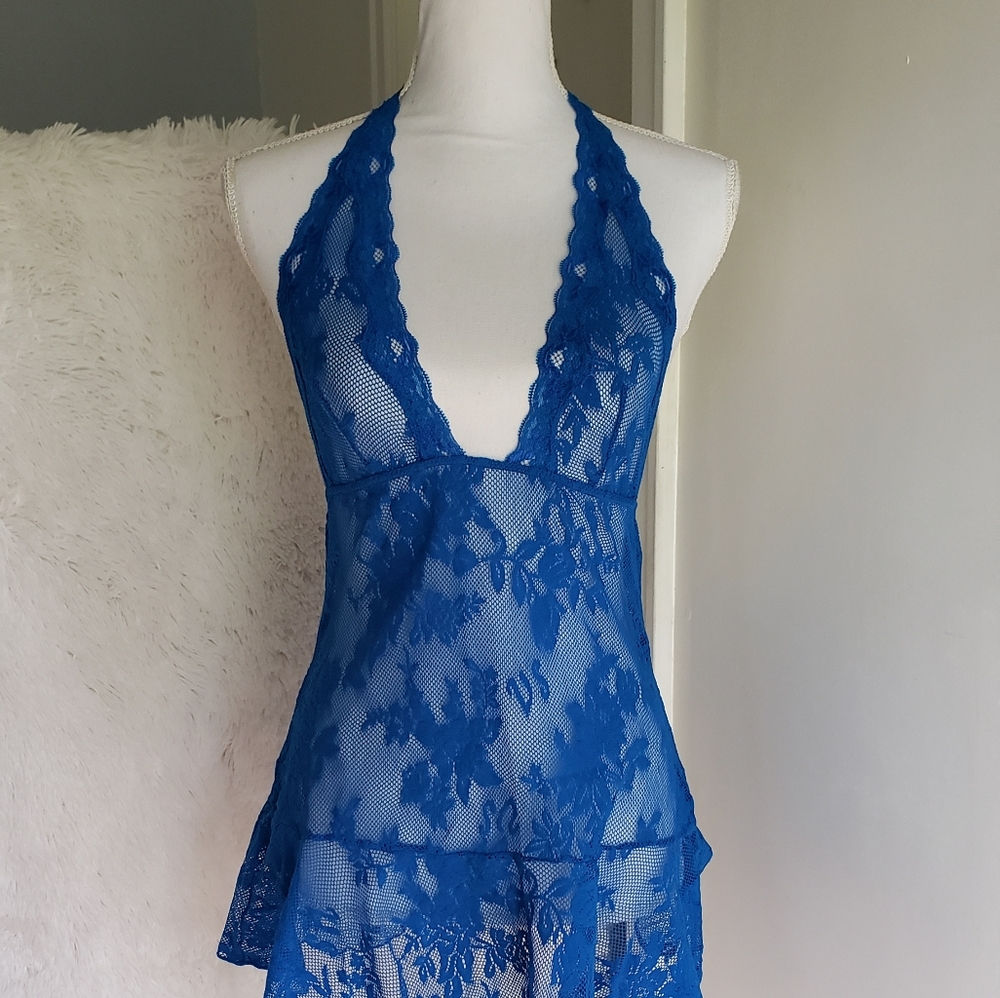 Victorias secret bright blue 💙 lingerie dress. See through. Halter dress/top.